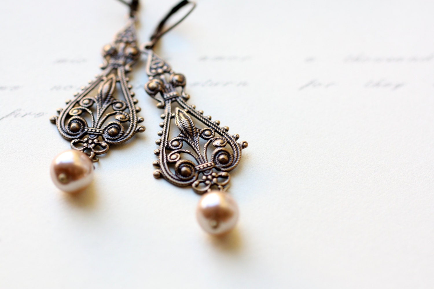Victorian Fleur de Lis Earrings with Light Brown Pearls. Vintage Style Bridal Earrings. Long Drop Earrings