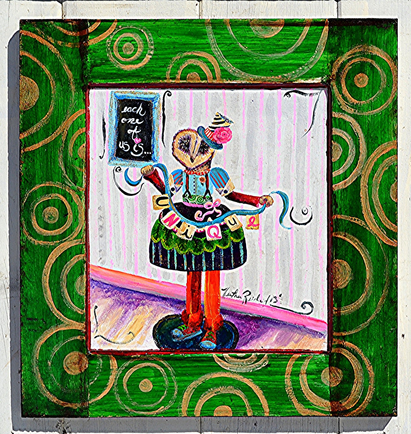 Original Folk Art Acrylic Painting Each One Of Us Is Unique Whimsical Barn Owl Fluorescent Pink Spring Green Cheerful Colorful Wall Art