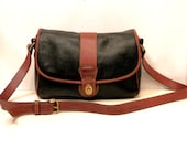 Coach East West Cross Body Bag // 1970s Large Black Pebbled Leather with Cedar Trim