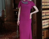 Vintage 1930s Fuchsia Crepe Evening Gown with Grey Beaded Feather Appliques