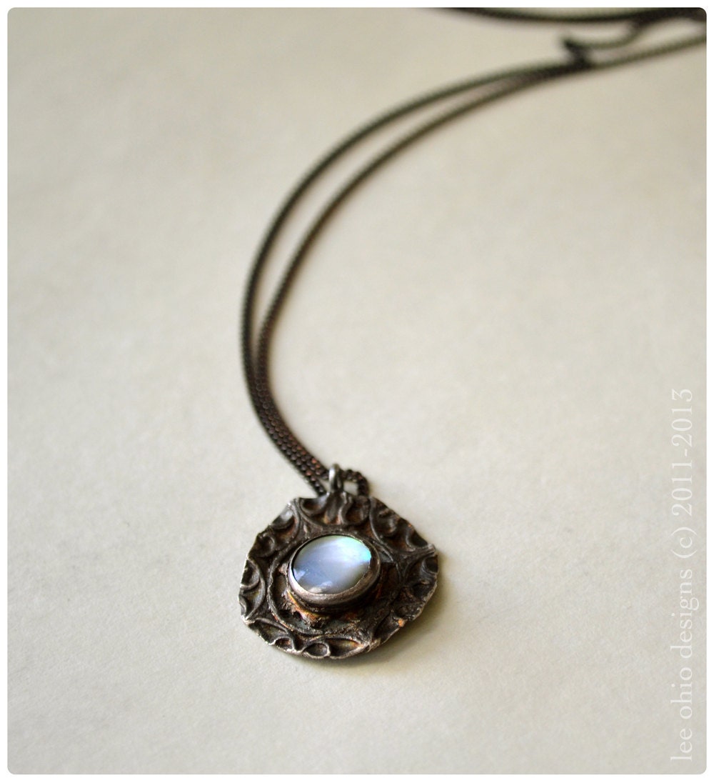 Mother of Pearl silver pendant, Antique Edwardian inspired embossed lace charm, silver charm layer necklace. Margaritifera love token