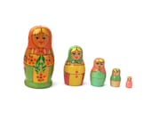 Dolls Matryoshkas, 5 vintage hand painted nesting dolls, set of Matryoshkas, green Matryoshkas