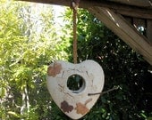 Hanging Heart Clay Bird Feeder or Planter - Medium Size 2-Sided - Using Real Leaves - Grogzilla - Stick perch