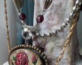 tea garden - vintage assemblage necklace with reverse painted intaglio glass, garnets and chains by the french circus