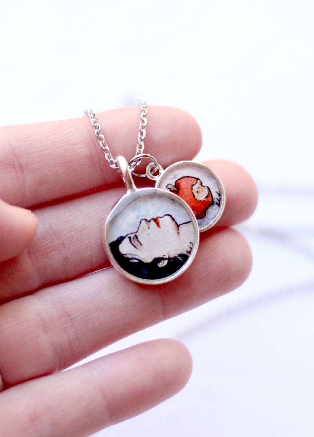 Snow White princess necklace, art charm jewelry, hand painted watercolor necklace, ONE OF A KIND