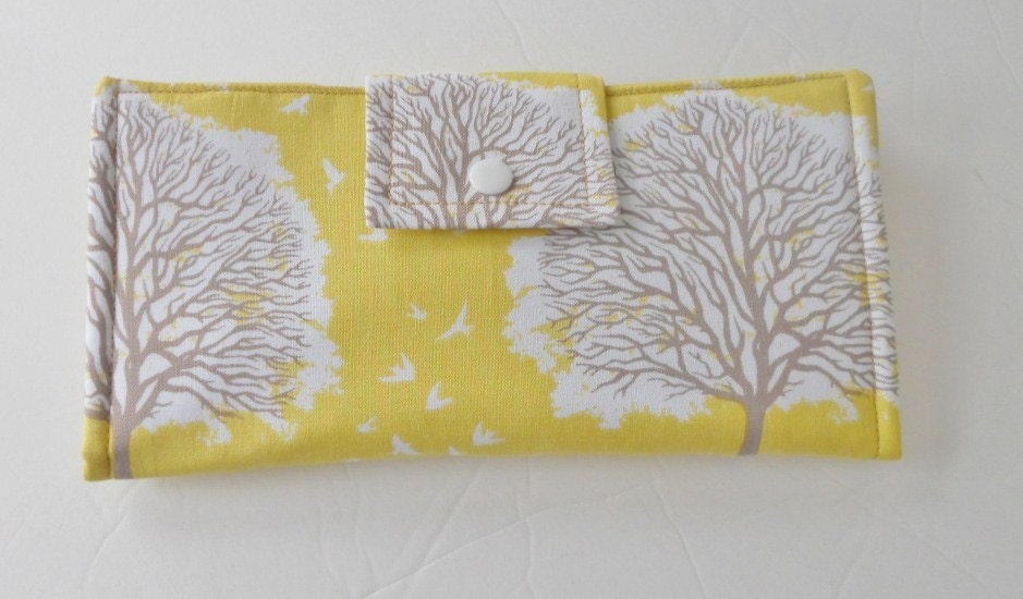 Handmade Wallet, Womens Wallet,  Yellow with Trees, Birds Made to Order