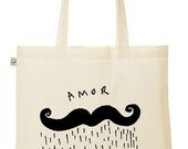 Illustrated Amor Moustache Tote Bag hand printed