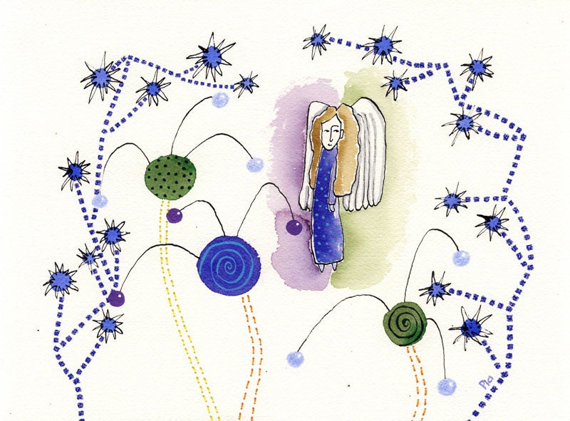 Angel, original painting, illustration, embroidery, flowers and angel, faith, mixed media, blue green purple