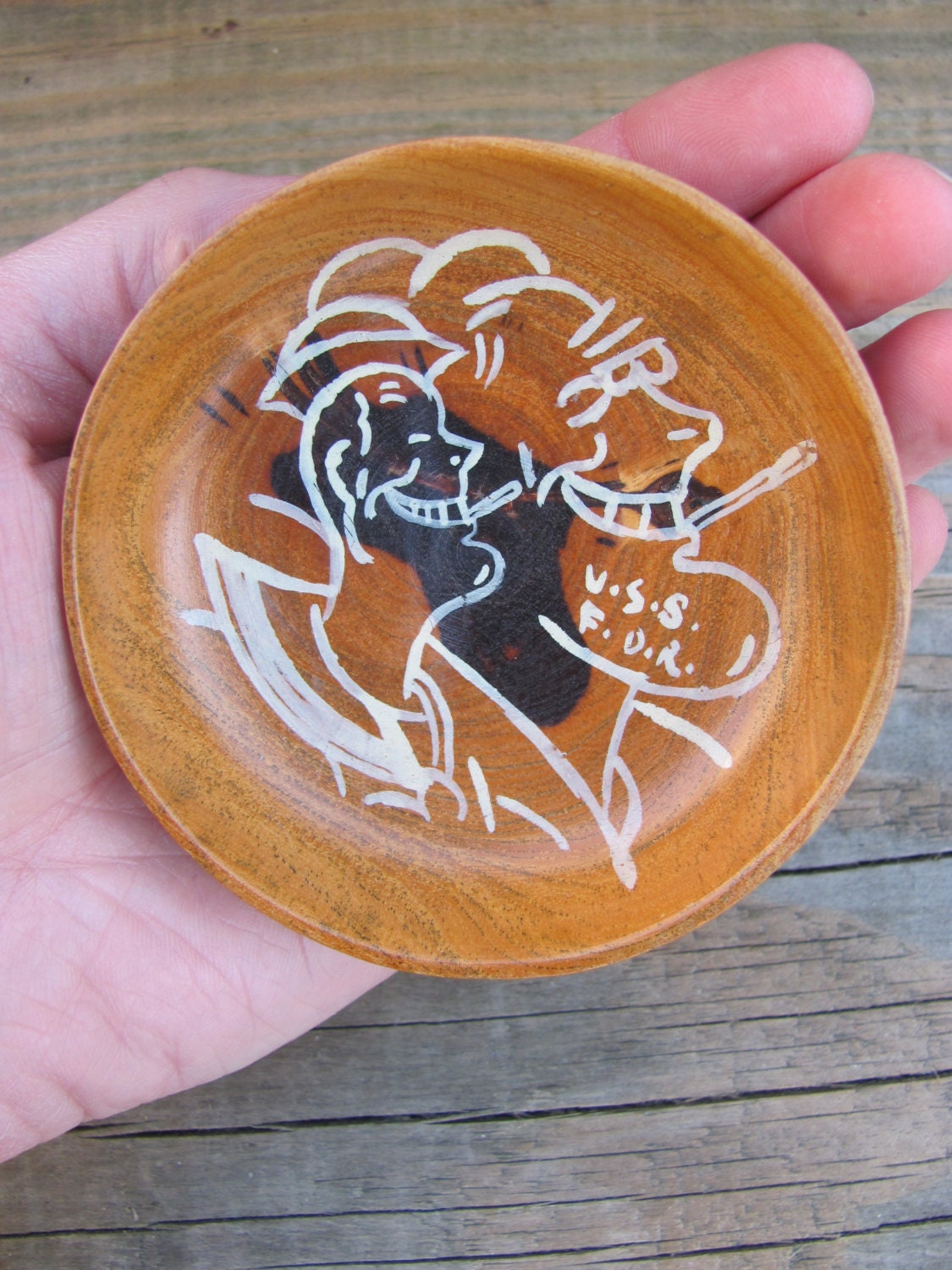 War Art Caricature of FDR and Sailor Hand Painted Small Wooden Bowl