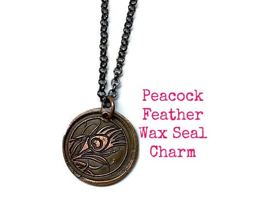 Peacock Feather Wax Seal Charm Necklace
