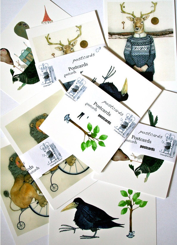 Animal Postcards Pack of four glossy Postcards 4x6 Lion, Bird, Deer and Raven