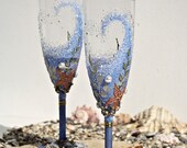 Beach Wedding Champagne Glasses Toasting Flutes Hand Painted set of 2 Swarovski Pearls