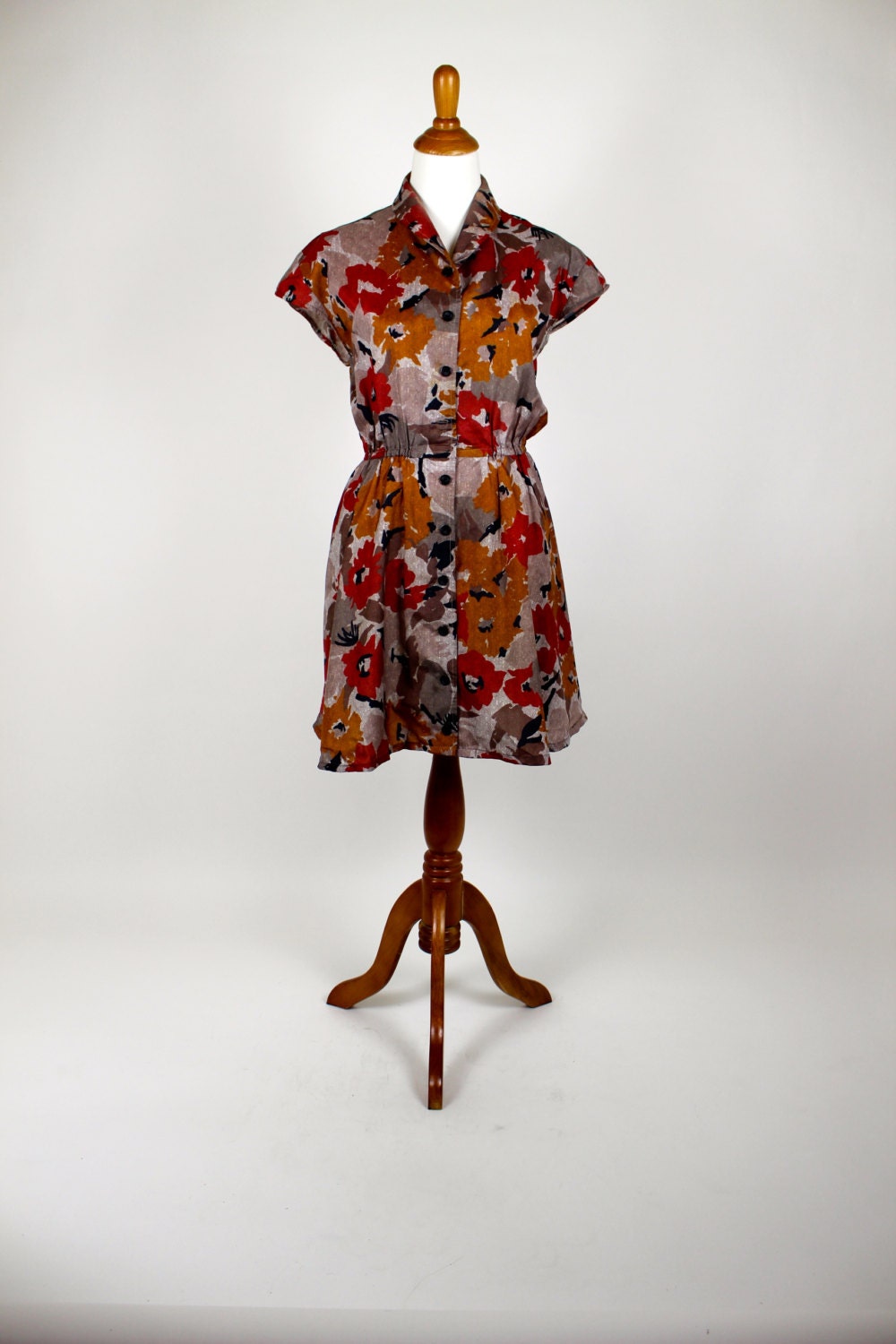 Vintage 1980's Dress - Tan/Orange/Red Multi Color Floral Shirt Dress - Large