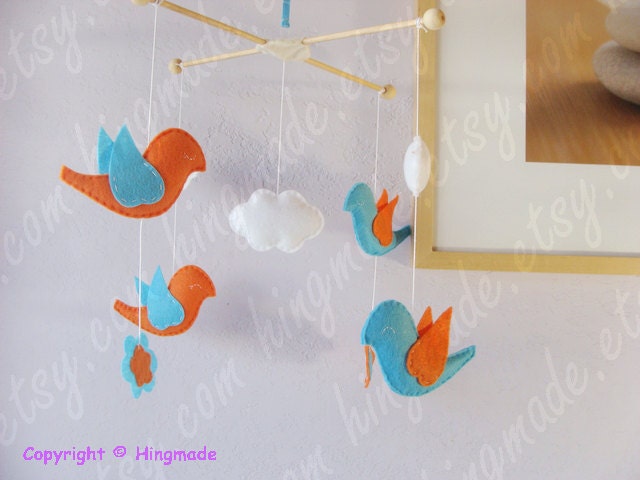 Bird Mobile - Baby Shower Decor - Baby Crib Mobile - Felt Mobile - Ocean Blue Orange Birds and Flower Mobile(You can Choose your colors)