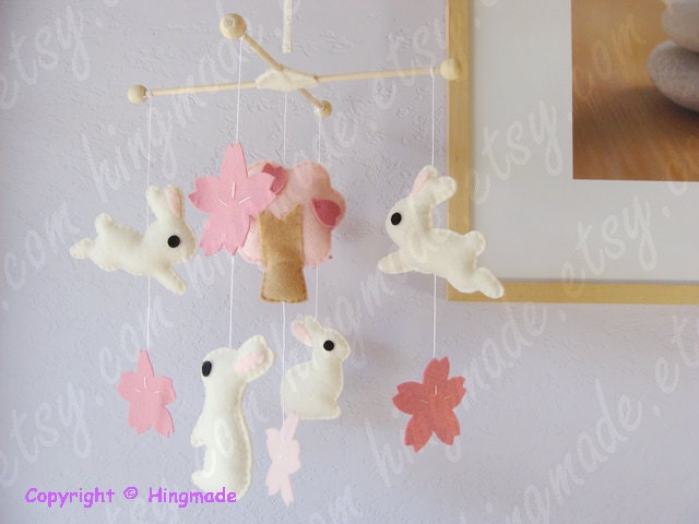Baby Mobile - Baby Girl Mobile - White Rabbit and Pink Cherry Blossom theme (You can pick your colors)