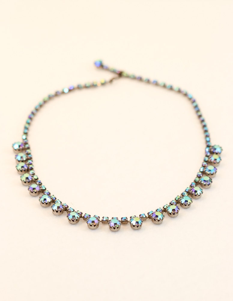 Vintage Blue Rhinestone Necklace - AB Iridescent Stones - 4727