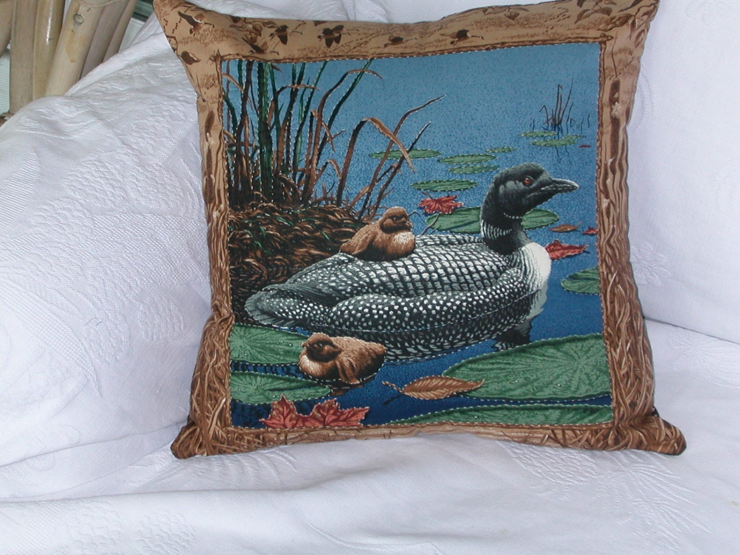 Hand Quilted PILLOW COVER LOON with babies in Black, Blue and Brown