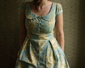 Floral toile button down  peter pan collar dress with cap sleeves, pockets, and attached petticoat- made to measure