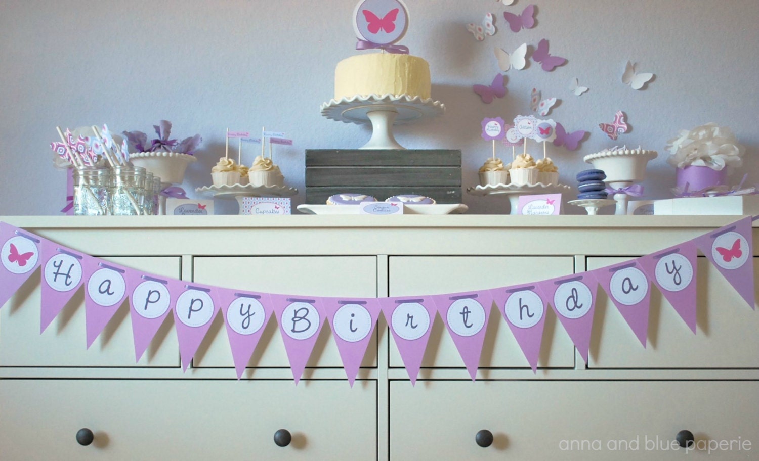 Butterfly Birthday Banner - PRINTABLE Butterfly DIY Banner - by anna and blue paperie