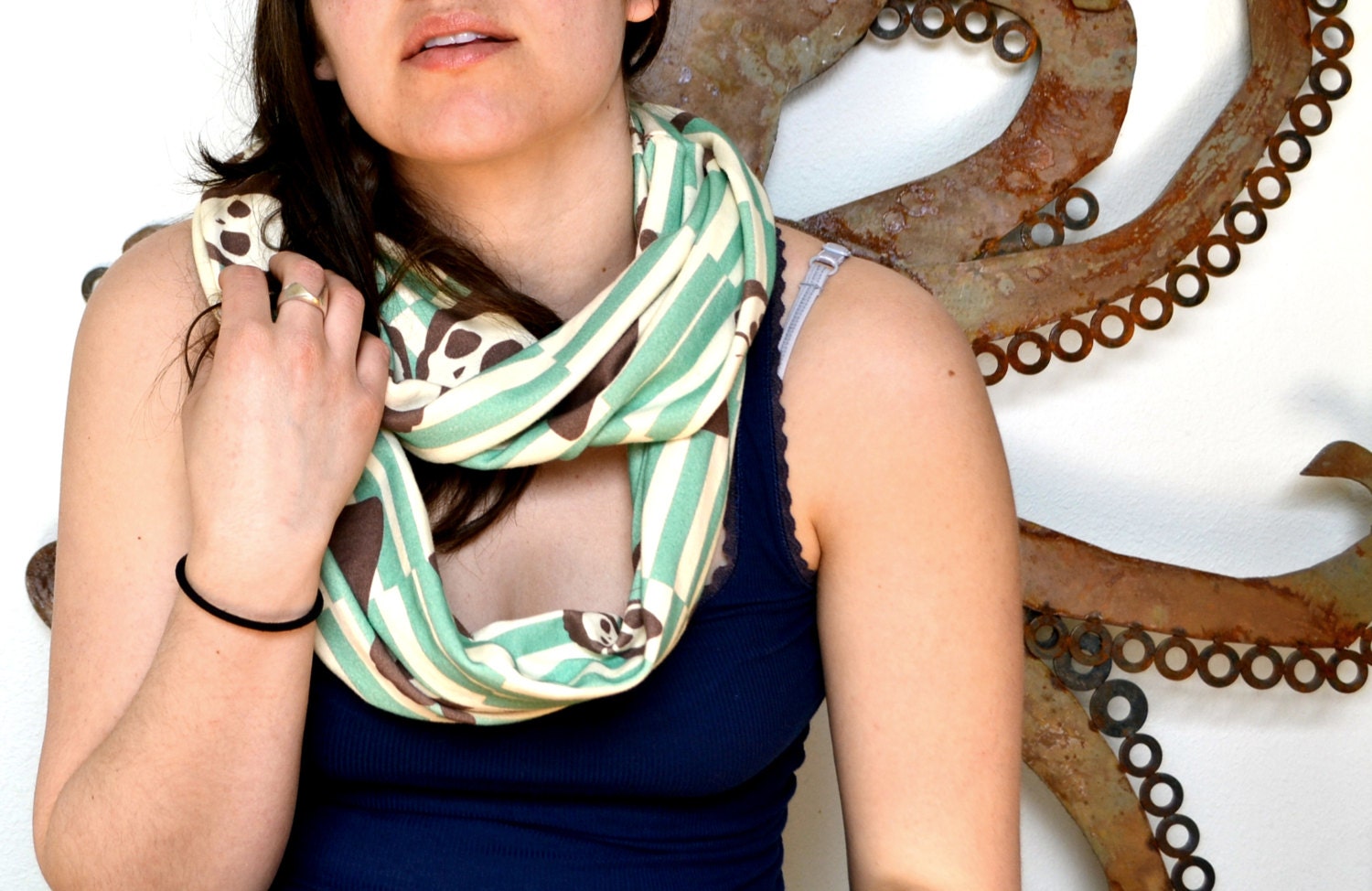 Brown Butterfly with Skulls on teal stripes, Infinity scarf, organic cotton, EXCLUSIVE to Brianna Reagan Art
