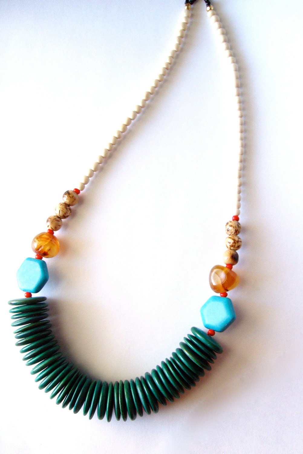 Tribal Style Resort Statement Necklace. Wood, Agate, and Turquoise  La Barbade Collection - Necklace No. 4