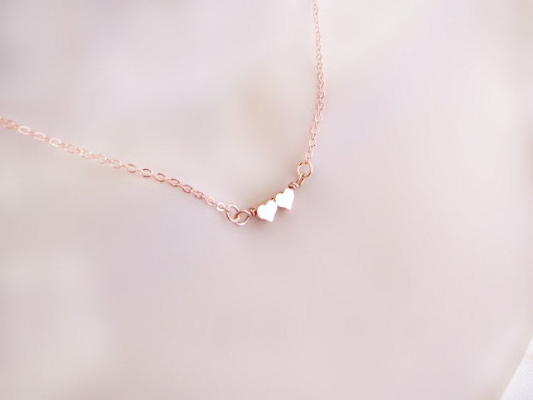 Tiny Rose Gold Double Heart Necklace, Dainty Rose Gold Necklace, Delicate Necklace, Couples Jewelry, Friendship Jewelry, Mothers Necklace