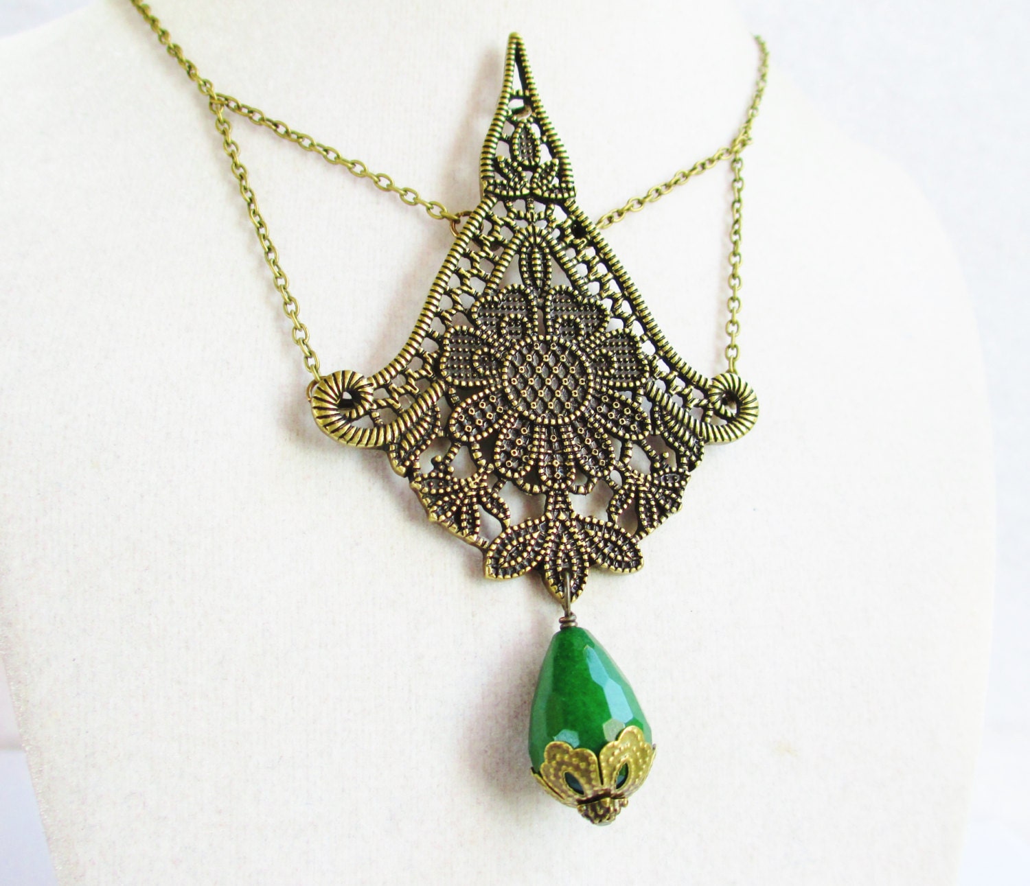 Large Bronze Flower Pendant & Green Agate Drop Dramatic Boho Statement Necklace