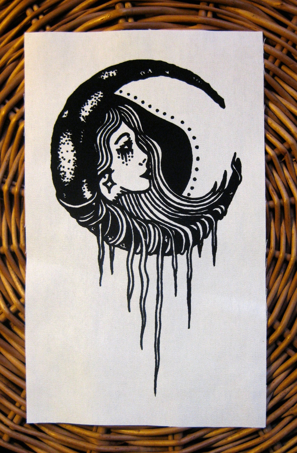 Moonchild. original artwork handmade screen printed patch, black on natural