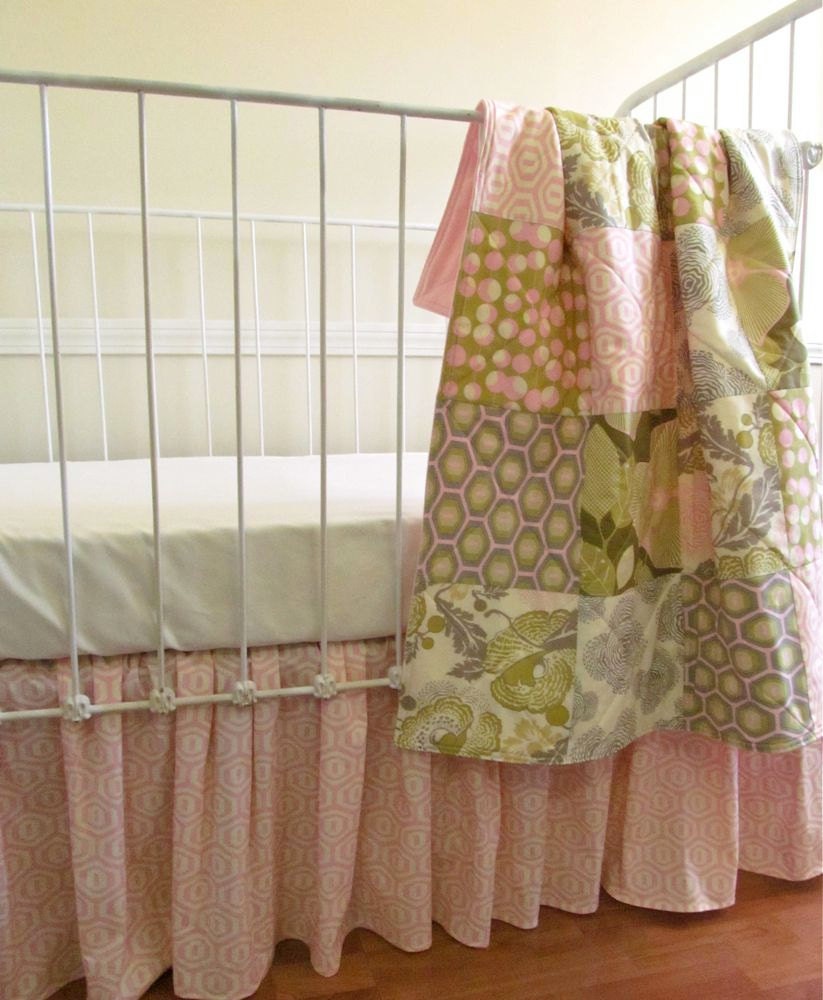 2 Pc - Baby Quilt and Crib Skirt -  Optic Blossom - Pink, Gray, Olive, and Off White