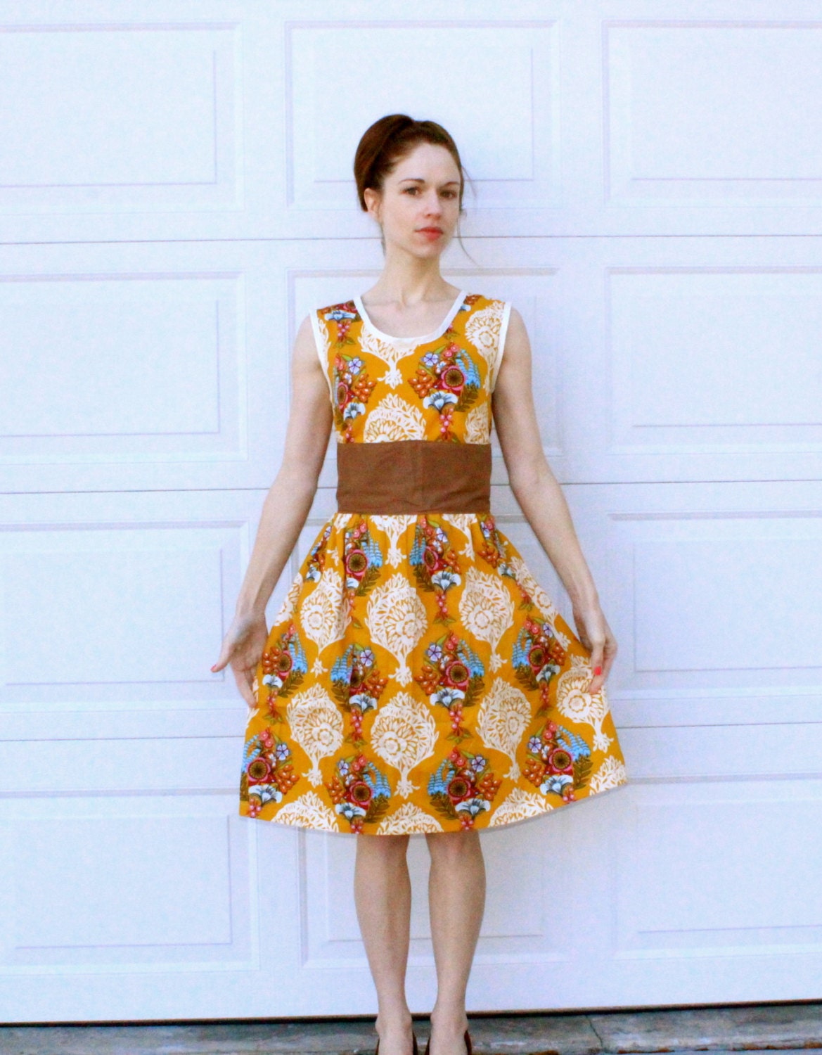 Gold Retro Dress Women's, Vintage Inspired 1950's 1960's Day Dress Custom Made XS, S, M, L, XL, XXL, 3X