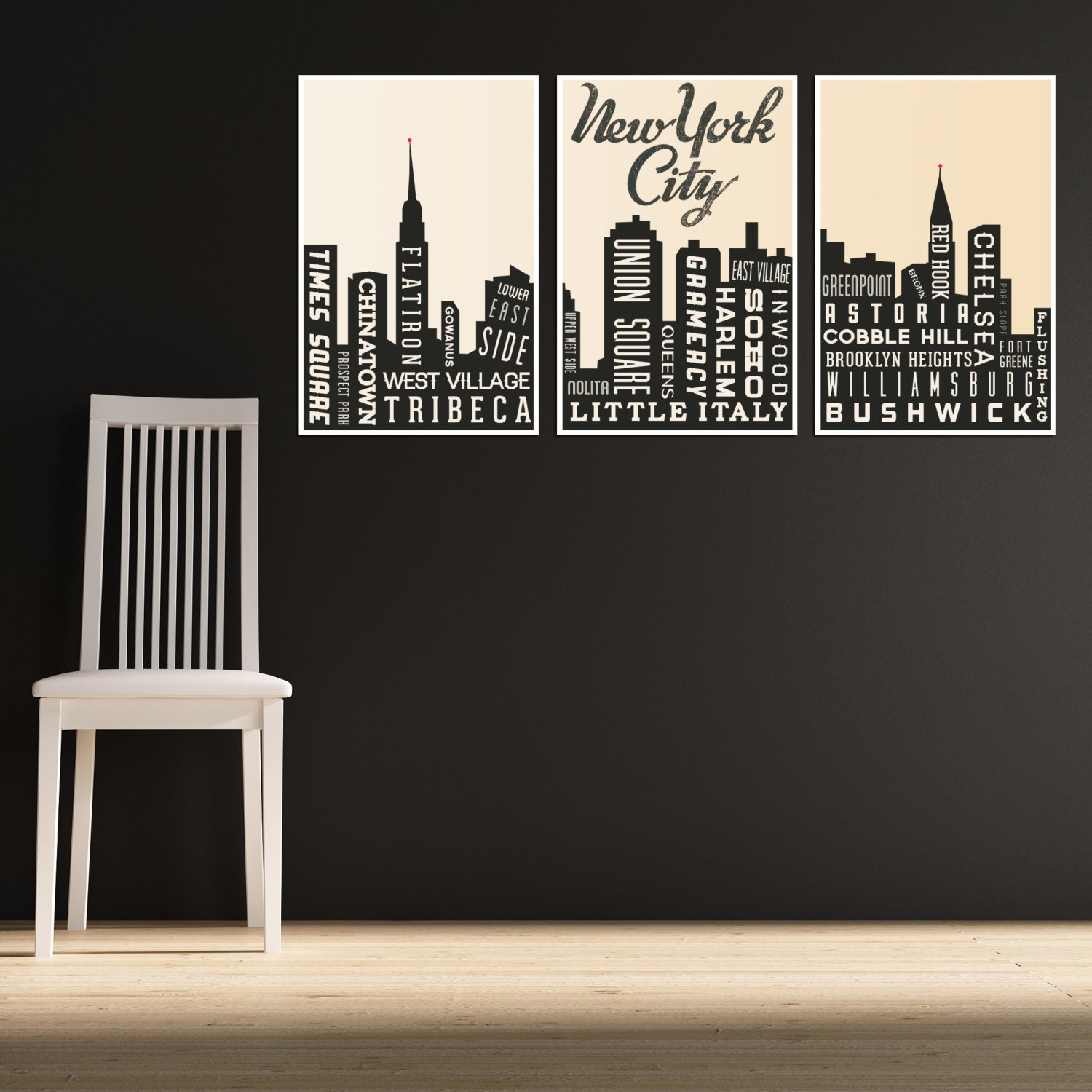 New York City Skyline Poster - Typography Print - Modern Home Decor Gift - Black and White - Vintage Look -  Set of 3 - 12x18