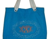 Rhinestone Bling Personalized Monogram Embroidered  Tote Bag Purse Beach Book Turquoise,   Black, Red, Purple, Orange, Lime, Navy, Hot Pink