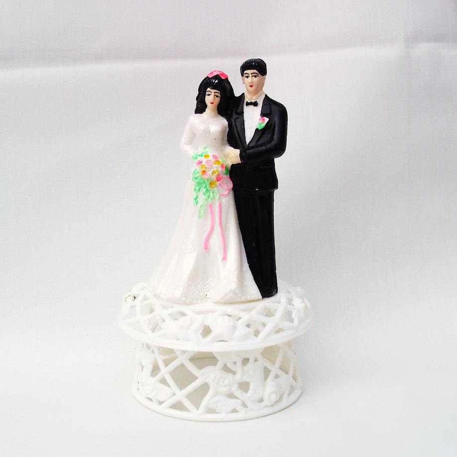 Vintage Cake Topper, Bride and Groom, Wedding Decor, Lime Green - Pink - Black Tuxedo