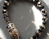 Rhinestone Owl and Glass Faceted Bead Magnetic Closure Bracelet, Jewelry, Bracelet, Wedding, Bride, Mothers Day