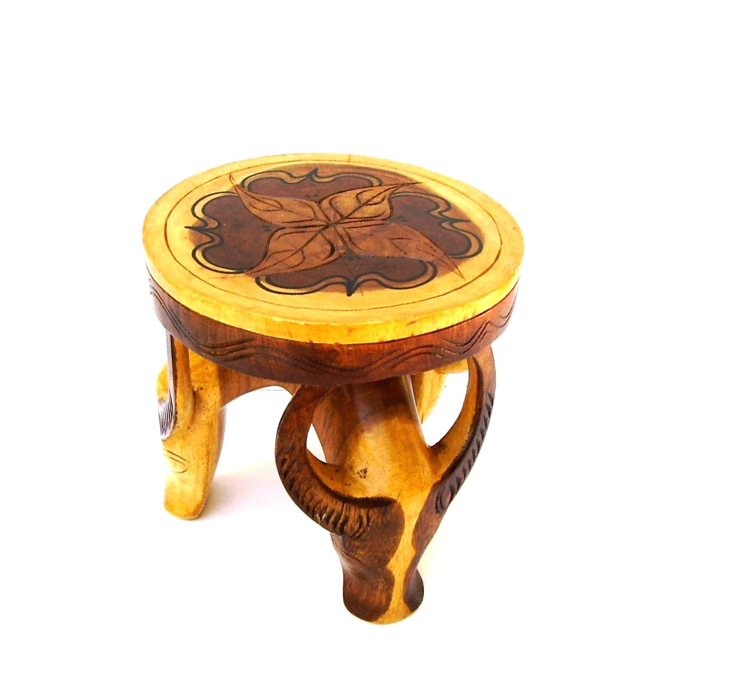 Vintage Wood Stool Hand Carved Table Steer Western Cattle