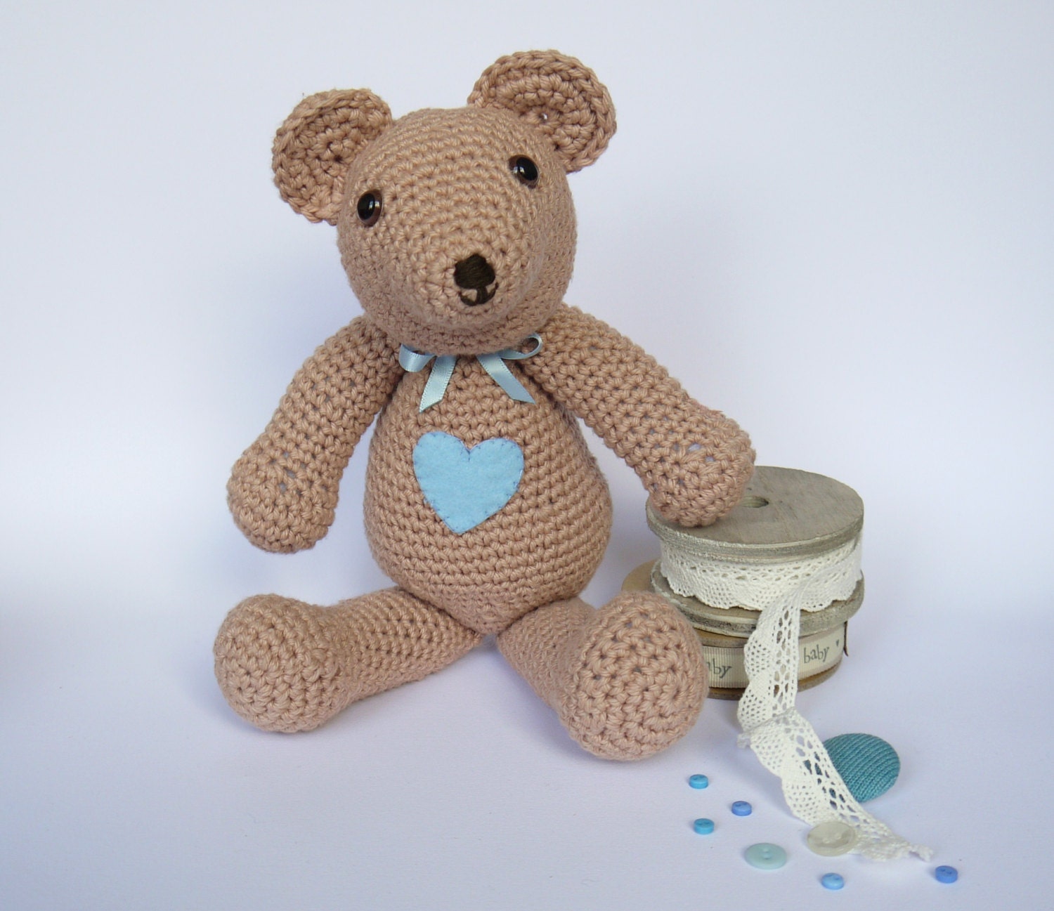 Large Amigurumi Crochet Teddy Bear. Perfect Baby shower or Christening Gift. Supersoft stuffed animal. Brown and Blue.