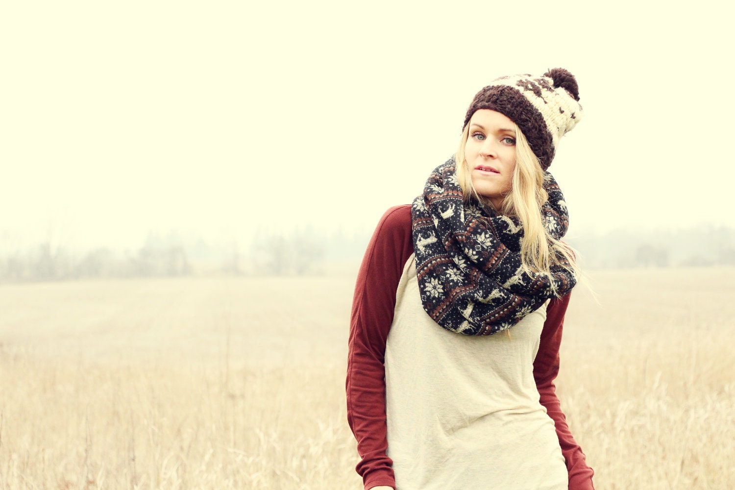 Chunky Circle Scarf - Brown and Black Nordic Deer Sweater Knit.  Eternity Scarf, Infinity Scarf, Loop Scarf, Winter Scarf, Tube Scarf
