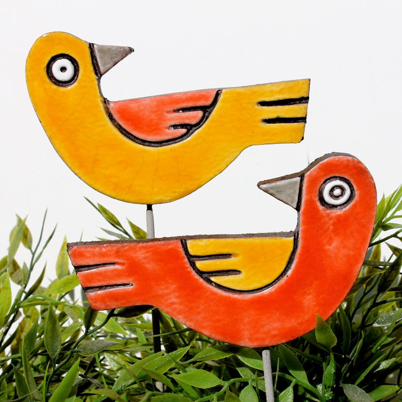 love birds garden decor - plant stake - plant marker - decoration - bird art  - frost resistant - lawn ornament - fun gift - set of 2