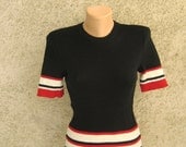 VTG Knit Blouse Black Sweater Women Crewneck Short sleeve Red / White stripe Acrylic Rib Knitwear Size M 8US 10UK Vintage by dilma