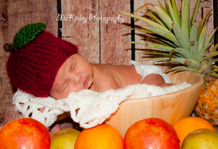 Hand Knit Baby Hat Red Delicious Beanie Cap, sizes newborn to 1 year, photo prop