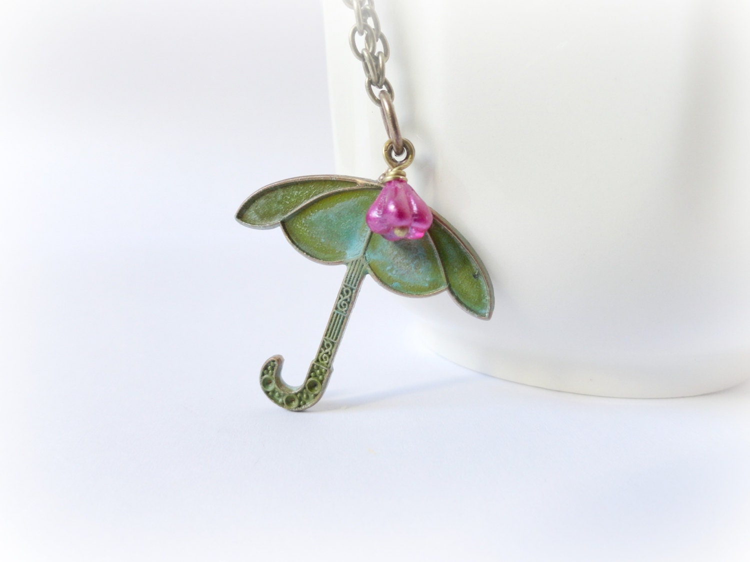 Floral Umbrella - whimsical necklace Teal blue verdigris patina Green pink fuchsia flower glass bead simple Gift for her everyday jewelry