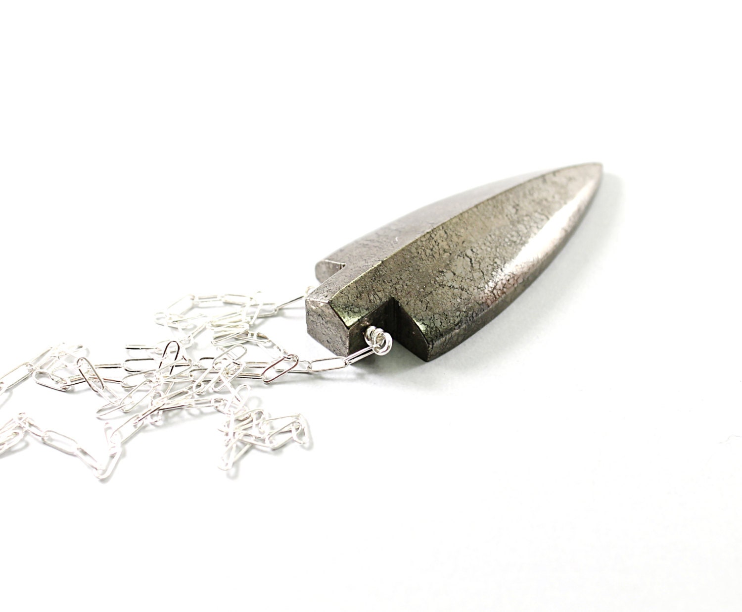 Mens necklace: silver jewelry arrow blade, metallic necklace for men, pyrite steel industrial primitive male necklace gray