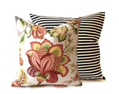 16x16 Andrea Floral Print Decorative Pillow Cover- Black and White Striped Backing -Medium Weight Cotton- Invisible Zipper Closure