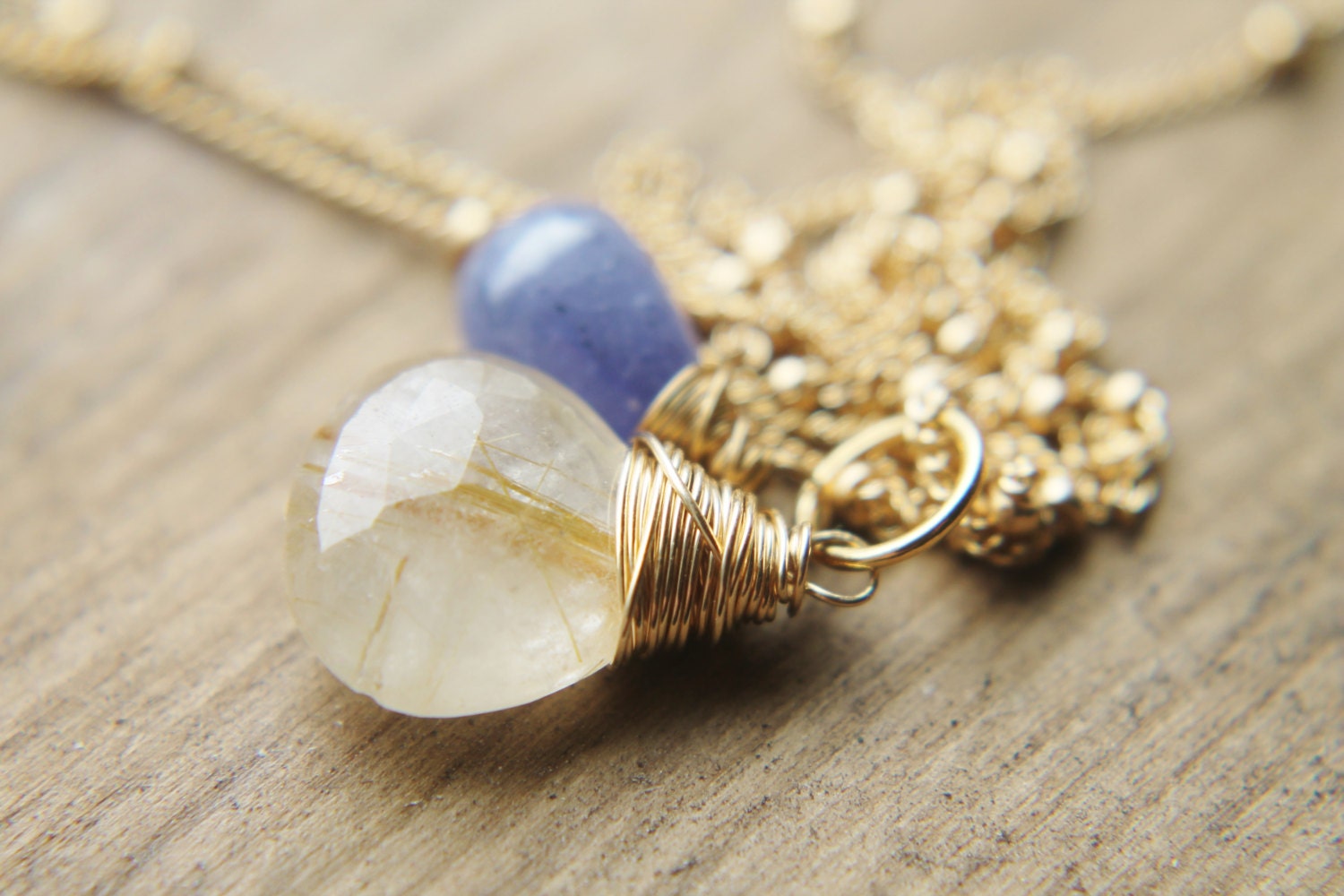 Rutilated Quartz Necklace - 14k Gold Wire Wrapped Tanzanite Pendant Blue Gold Gemstone Charm Handmade Jewelry Gifts for Her.