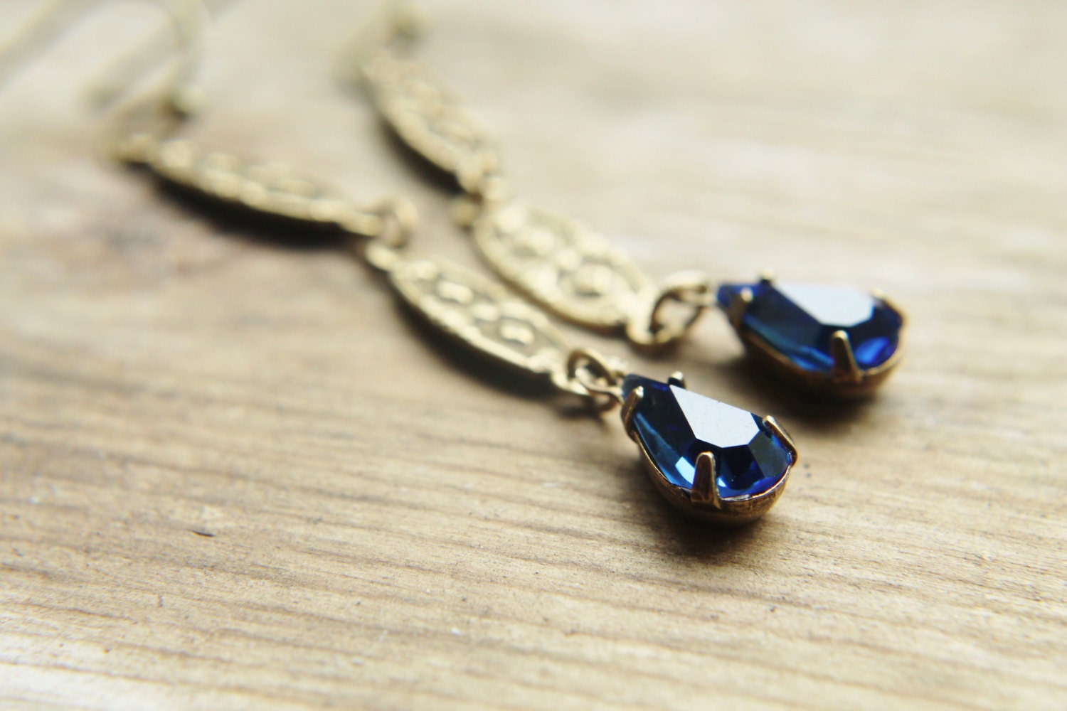 Long Swarovski Earrings - Antique Brass Art Deco Dark Blue Sapphire Crystal Handmade Rhinestone Jewelry Gifts for Her.