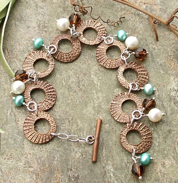 Handmade Freshwater Pearl,Swarovski Crystal Copper & Sterling Silver Circles Bracelet