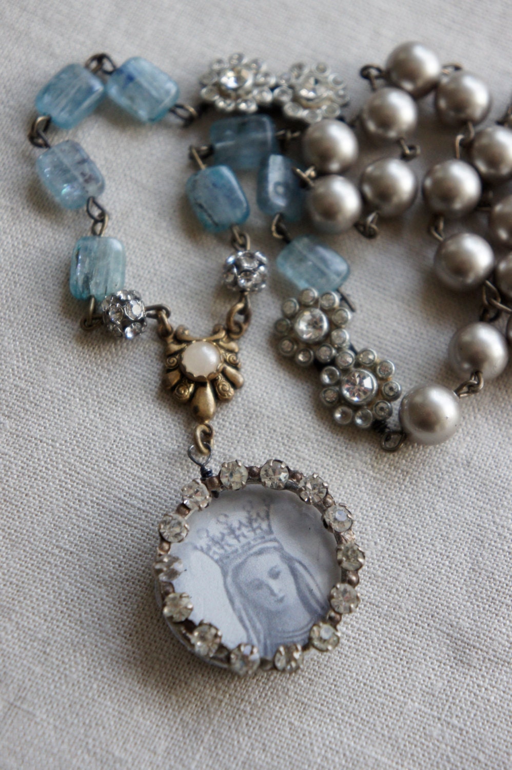 Vintage assemblage necklace Virgin Mary prayer card rhinestones gemstones assemblage jewelry - Crowned Glory by French Feather Designs.