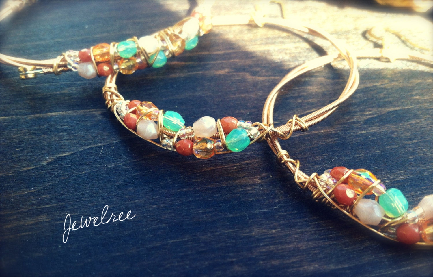 FLAMINGO Bangle- Metal and Glass Bead Bangle Created from Recycled Guitar String. Stackable Bohemian, Music Inspired Adornment