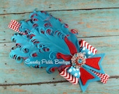 Turquiose & Red Feather and Felt Red Chevron Headband - Dr. Seuss Color Scheme -  - Newborn - Infant - Baby - Toddler - Girl - Photo Prop