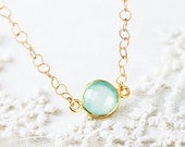 OCEANS - Personalized Custom Hand Stamped Seafoam aqua mint chalcedony on gold filled necklace monogram bridesmaid gift